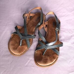 BORN Teal Green Strappy Sandals Leather Flat Womens 8M Casual Boho Beach Travel